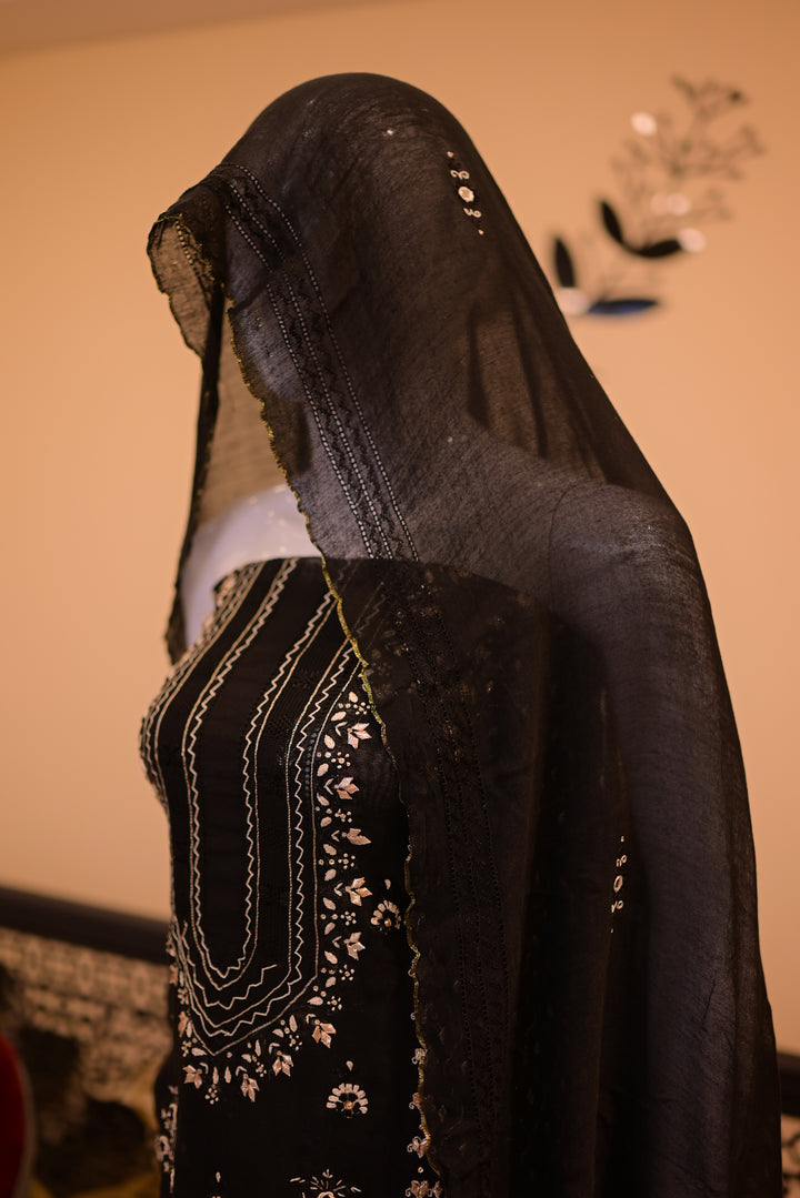 Black Golden Cotton net shirt+dupatta (Tarkashi, Gota Work and Beads Work)