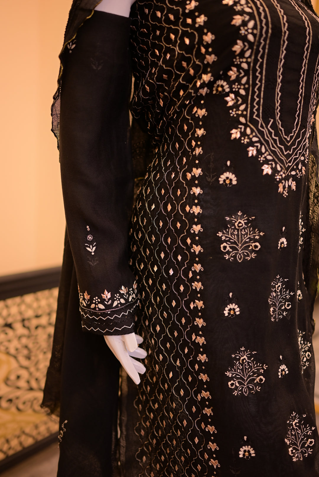 Black Golden Cotton net shirt+dupatta (Tarkashi, Gota Work and Beads Work)
