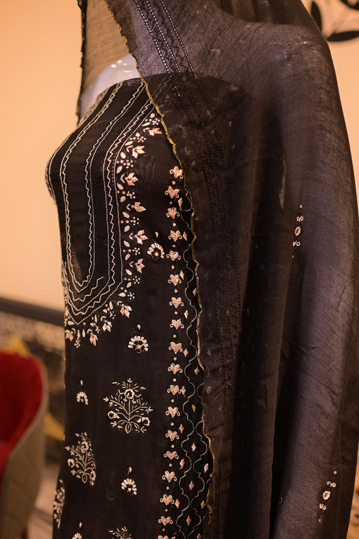 Black Golden Cotton net shirt+dupatta (Tarkashi, Gota Work and Beads Work)