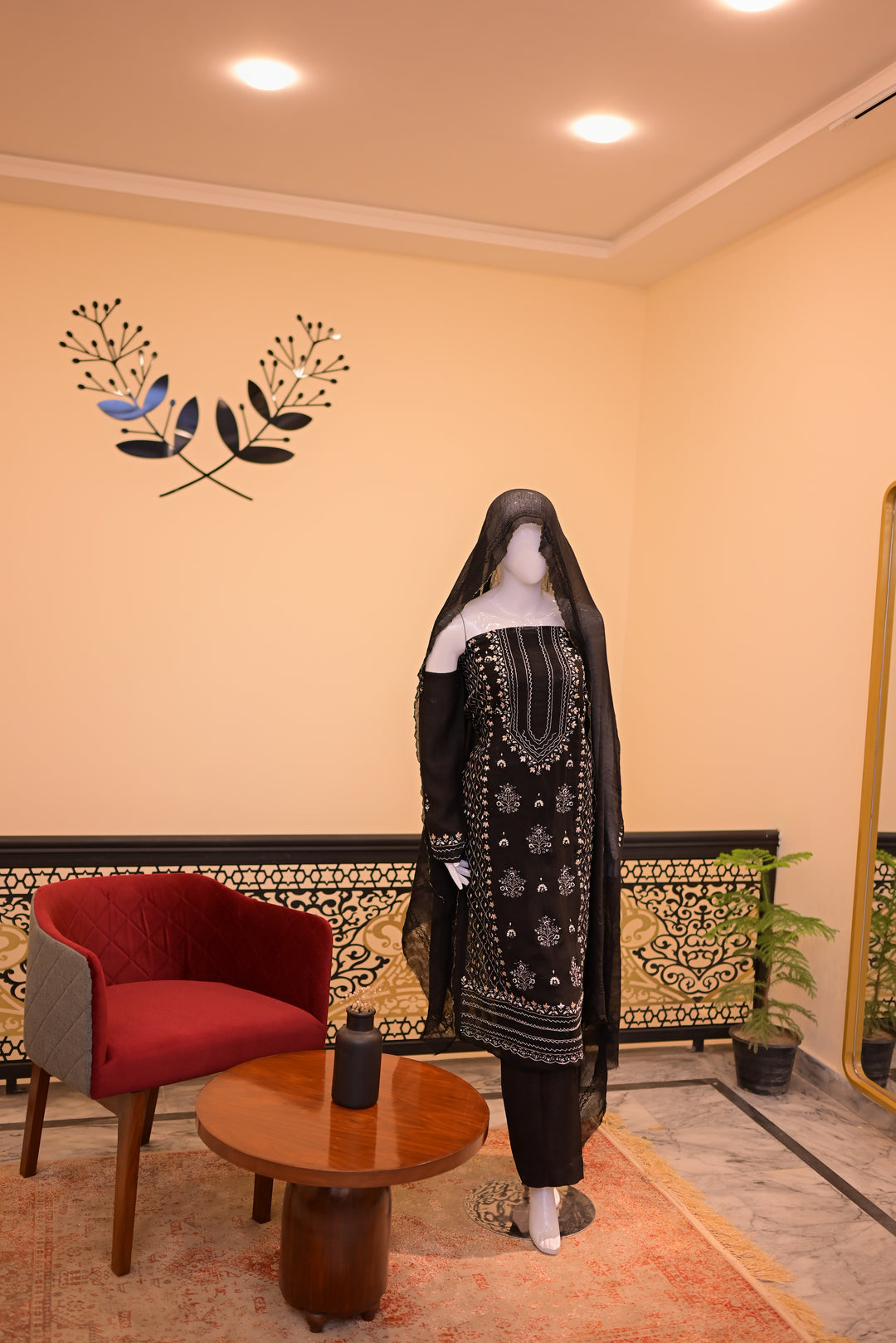 Black Golden Cotton net shirt+dupatta (Tarkashi, Gota Work and Beads Work)