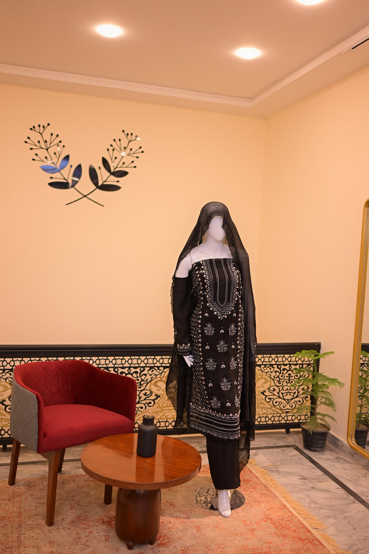 Black Golden Cotton net shirt+dupatta (Tarkashi, Gota Work and Beads Work)