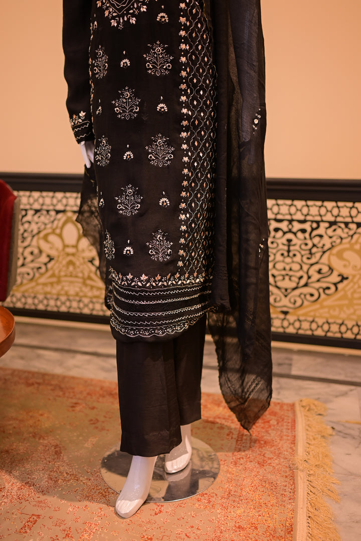 Black Golden Cotton net shirt+dupatta (Tarkashi, Gota Work and Beads Work)