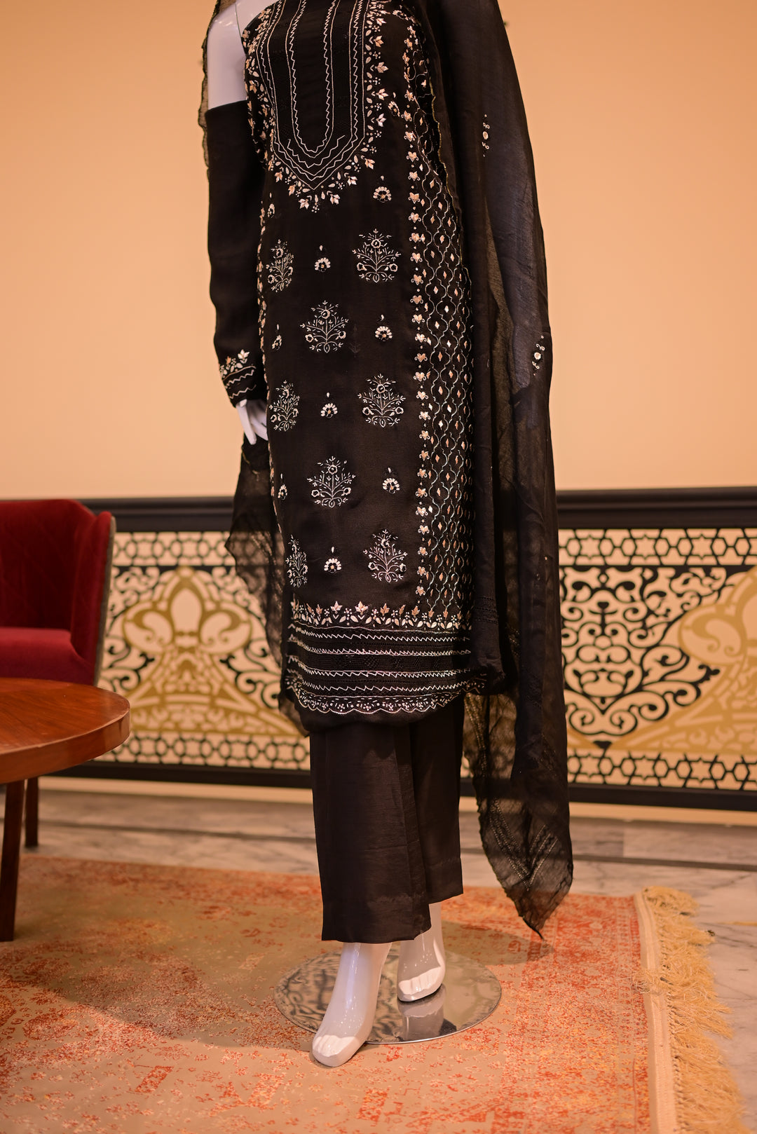 Black Golden Cotton net shirt+dupatta (Tarkashi, Gota Work and Beads Work)