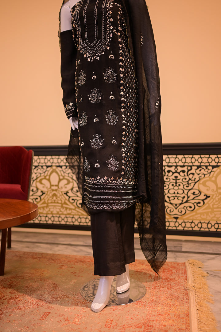 Black Golden Cotton net shirt+dupatta (Tarkashi, Gota Work and Beads Work)