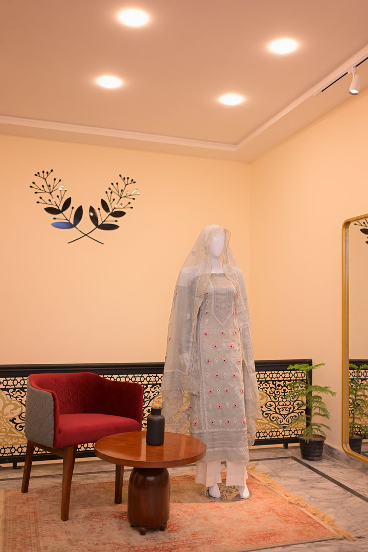 Grey Cotton Net Shirt+Dupatta (Tarkashi, Tila Work, Mirror Work, Thread work