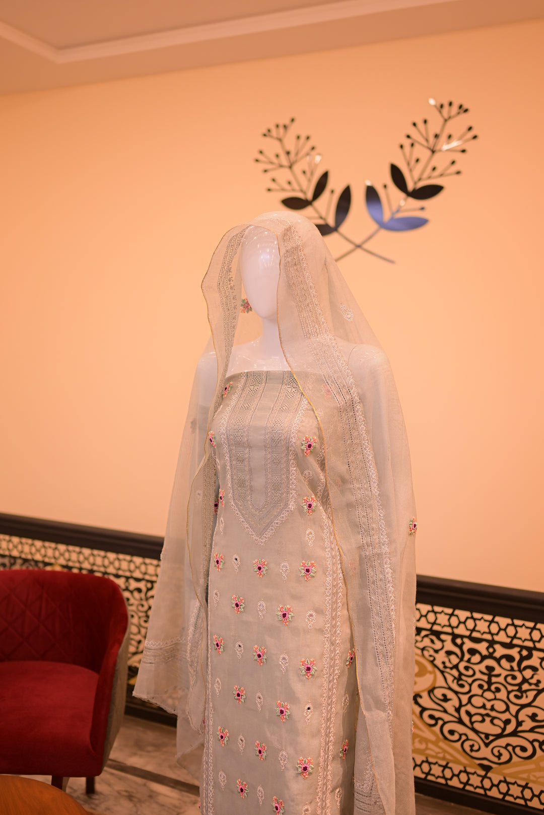 Grey Cotton Net Shirt+Dupatta (Tarkashi, Tila Work, Mirror Work, Thread work
