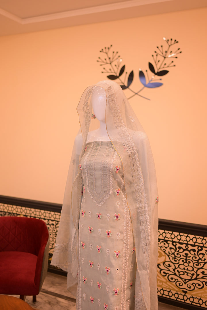 Grey Cotton Net Shirt+Dupatta (Tarkashi, Tila Work, Mirror Work, Thread work