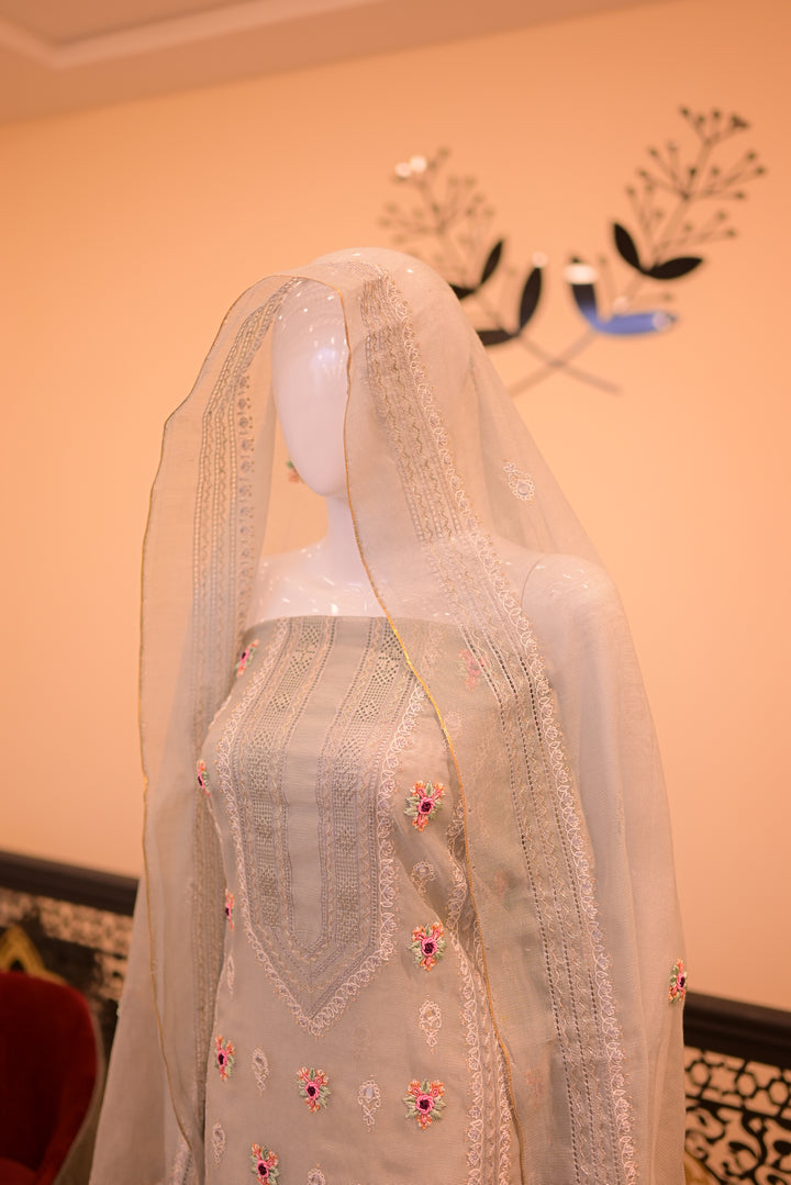 Grey Cotton Net Shirt+Dupatta (Tarkashi, Tila Work, Mirror Work, Thread work