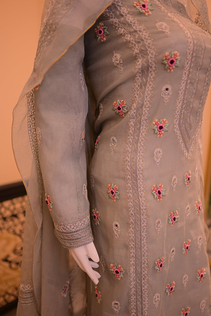 Grey Cotton Net Shirt+Dupatta (Tarkashi, Tila Work, Mirror Work, Thread work