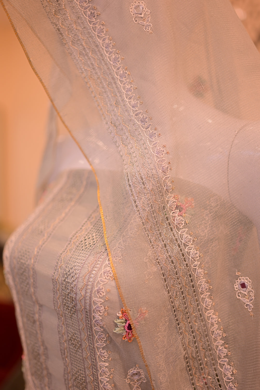 Grey Cotton Net Shirt+Dupatta (Tarkashi, Tila Work, Mirror Work, Thread work