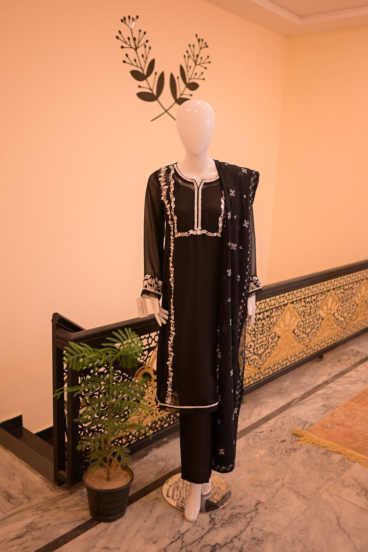 Black & White Chiffon shirt(Threadwork) + Black Cotton net dupatta
