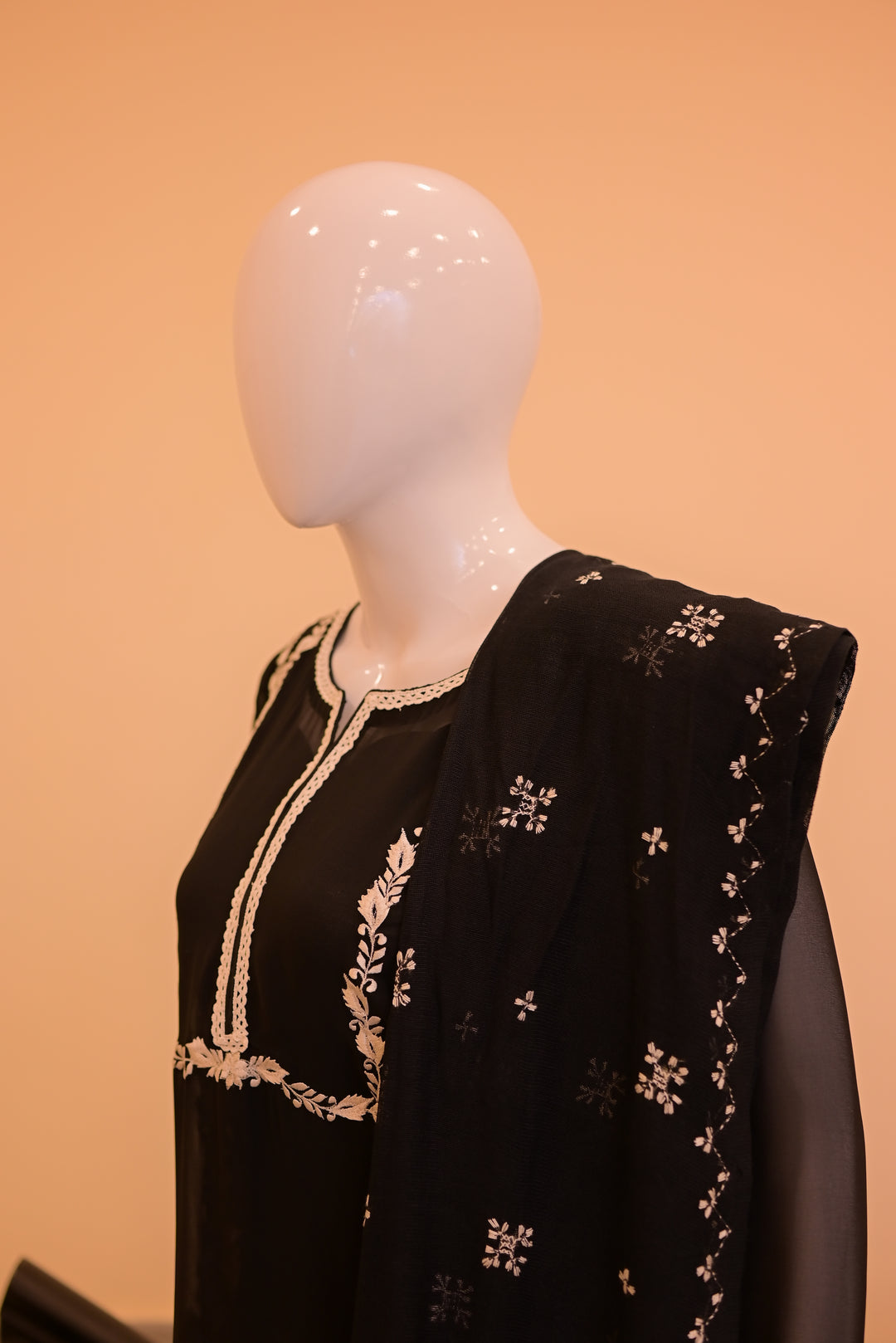 Black & White Chiffon shirt(Threadwork) + Black Cotton net dupatta