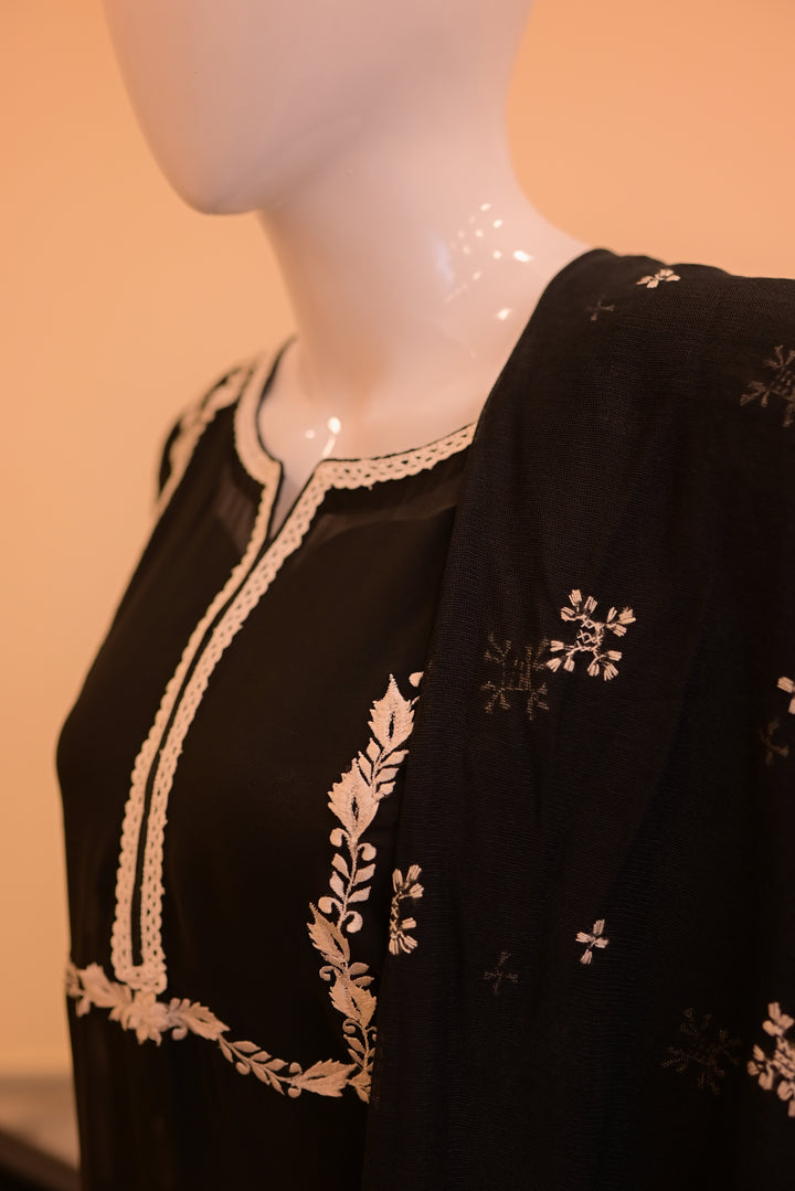 Black & White Chiffon shirt(Threadwork) + Black Cotton net dupatta
