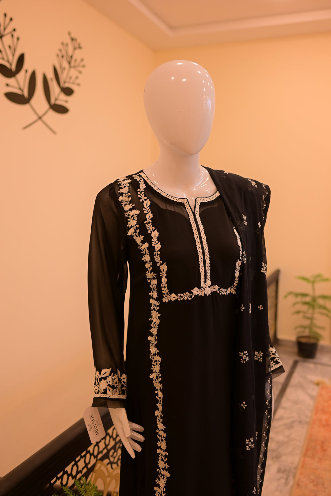 Black & White Chiffon shirt(Threadwork) + Black Cotton net dupatta