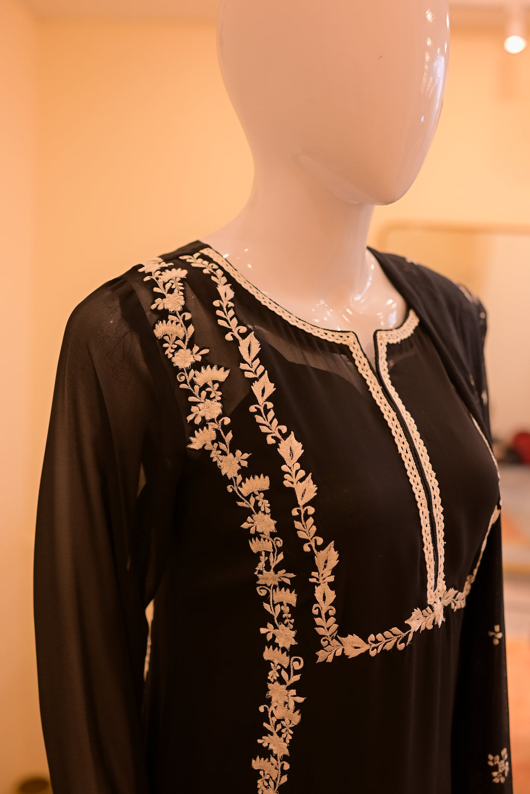 Black & White Chiffon shirt(Threadwork) + Black Cotton net dupatta