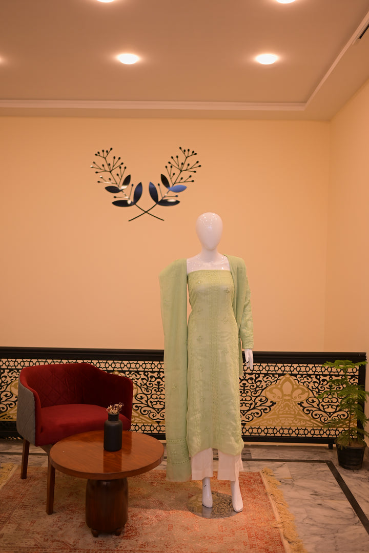 Apple Green Cotton net Shirt Dupatta with Tarkashi & Mirror Work