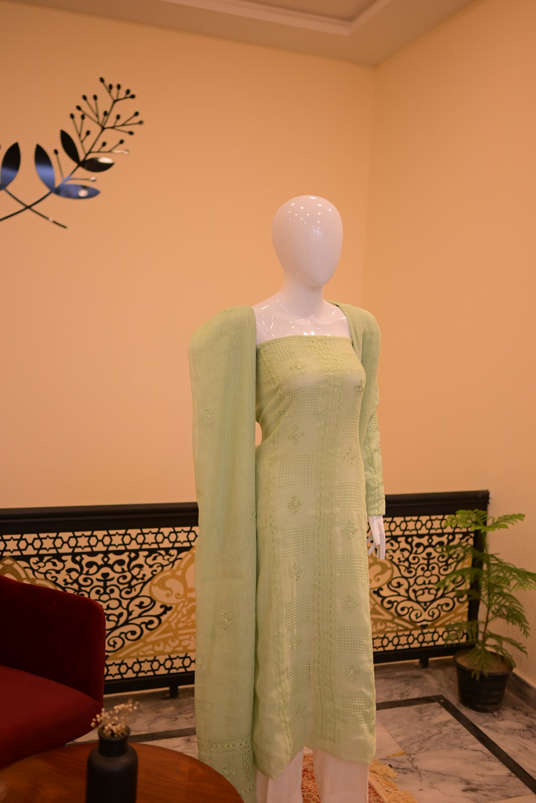 Apple Green Cotton net Shirt Dupatta with Tarkashi & Mirror Work