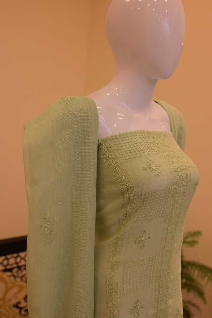 Apple Green Cotton net Shirt Dupatta with Tarkashi & Mirror Work