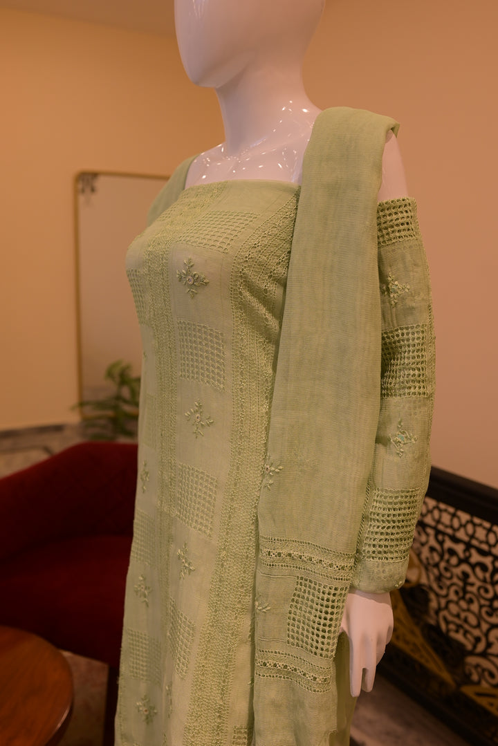 Apple Green Cotton net Shirt Dupatta with Tarkashi & Mirror Work
