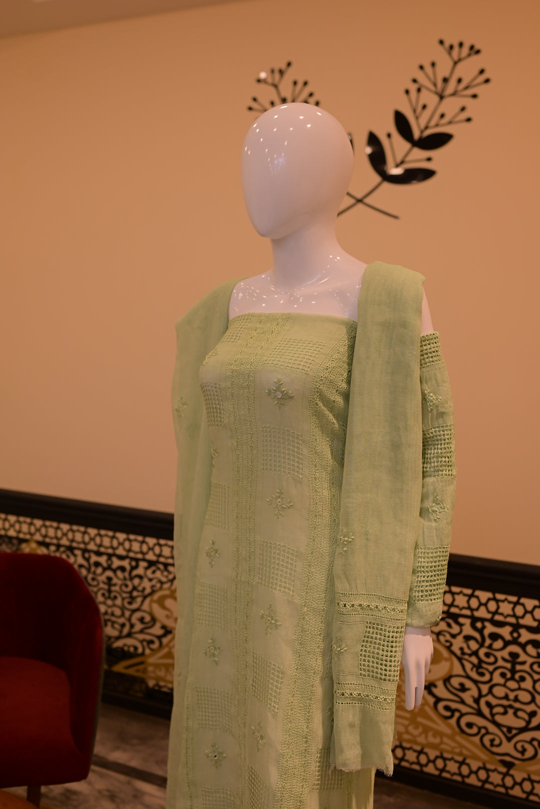 Apple Green Cotton net Shirt Dupatta with Tarkashi & Mirror Work