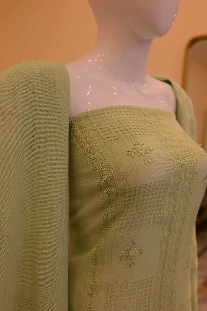 Apple Green Cotton net Shirt Dupatta with Tarkashi & Mirror Work