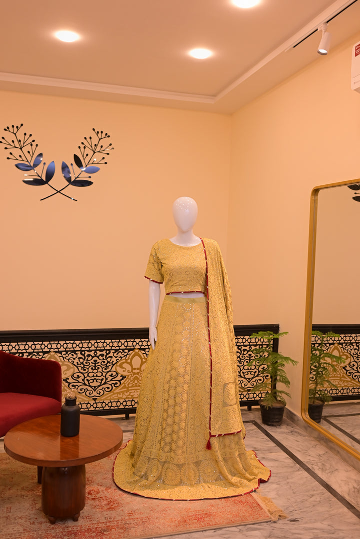 Stitched Mukesh Lehnga- Mustard