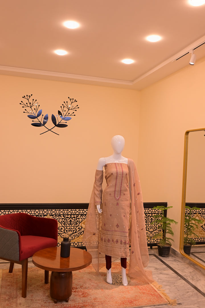 Brown Unstitched Cotton Net shirt+dupatta (Tarkashi, Threadwork & adda work)