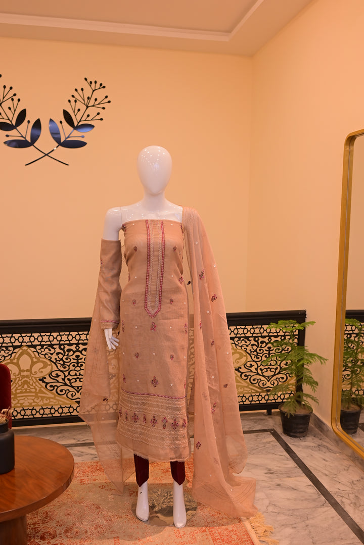 Brown Unstitched Cotton Net shirt+dupatta (Tarkashi, Threadwork & adda work)