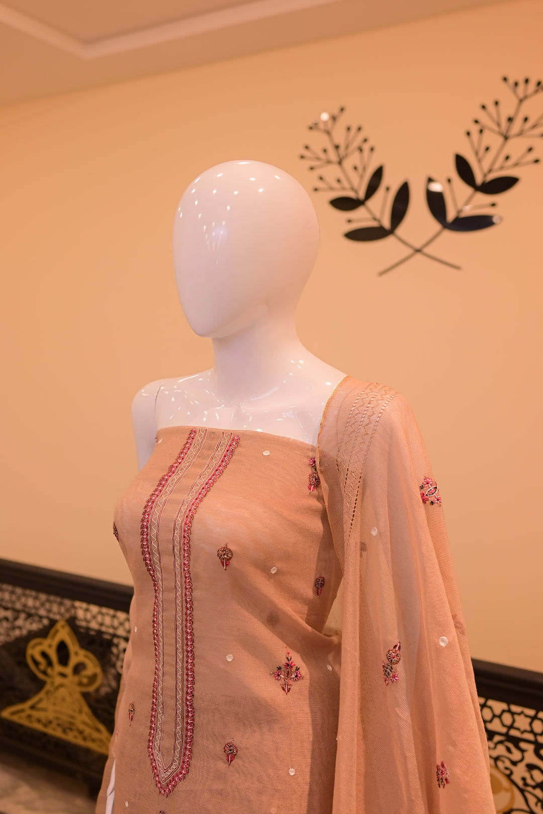 Brown Unstitched Cotton Net shirt+dupatta (Tarkashi, Threadwork & adda work)