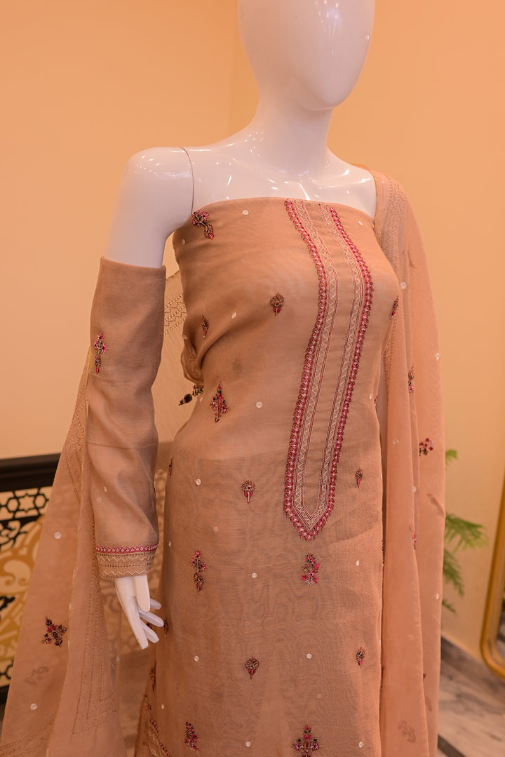 Brown Unstitched Cotton Net shirt+dupatta (Tarkashi, Threadwork & adda work)