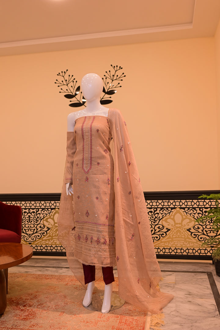 Brown Unstitched Cotton Net shirt+dupatta (Tarkashi, Threadwork & adda work)