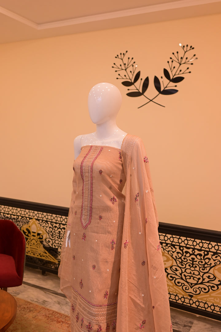 Brown Unstitched Cotton Net shirt+dupatta (Tarkashi, Threadwork & adda work)