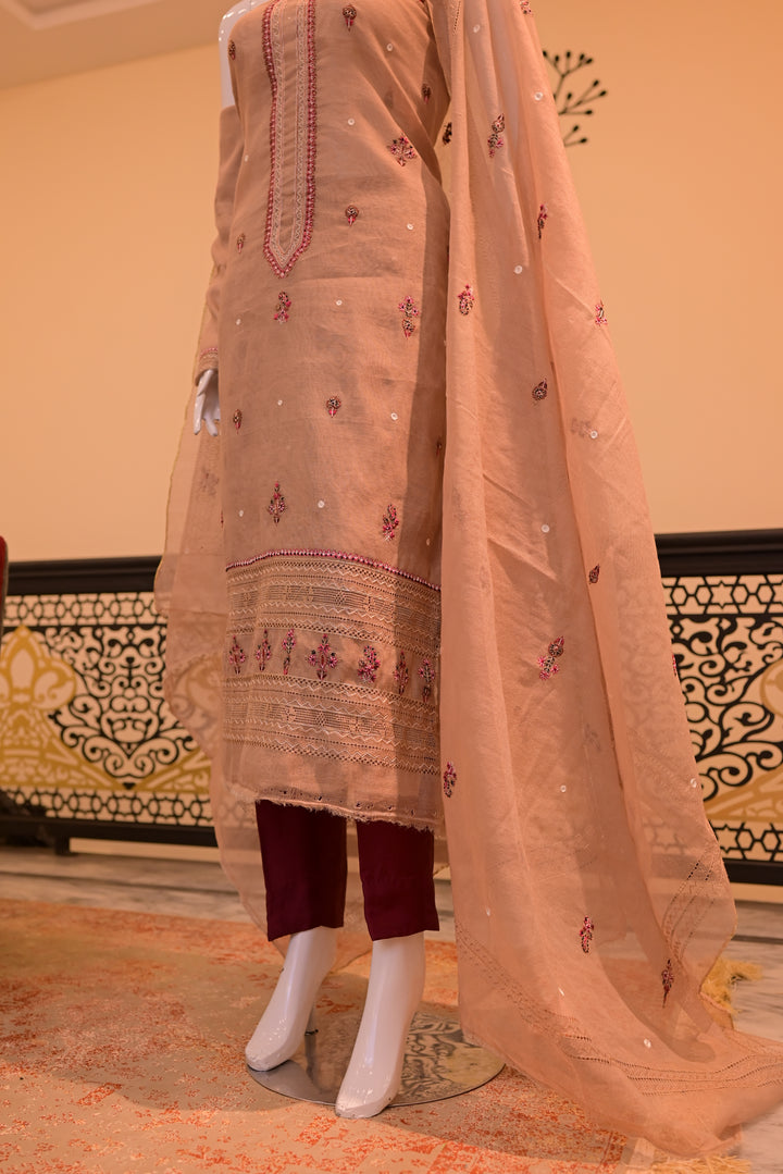 Brown Unstitched Cotton Net shirt+dupatta (Tarkashi, Threadwork & adda work)