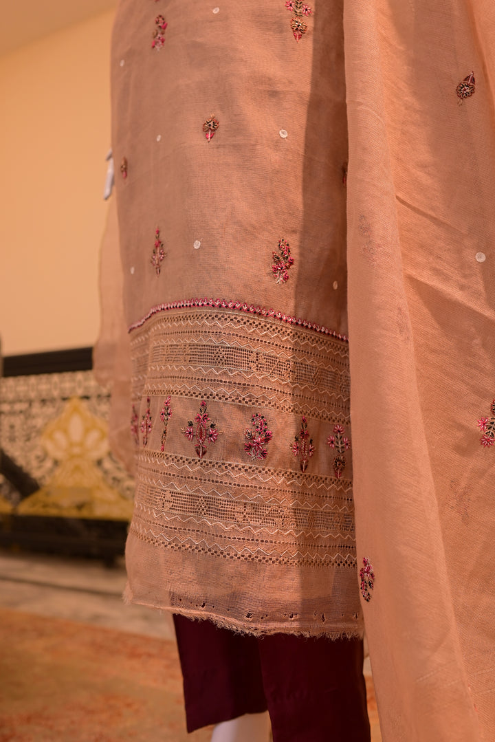 Brown Unstitched Cotton Net shirt+dupatta (Tarkashi, Threadwork & adda work)