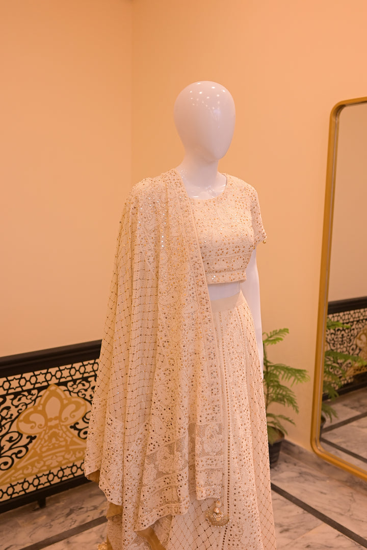 Stitched Mukesh Lehnga- White(dyeable)