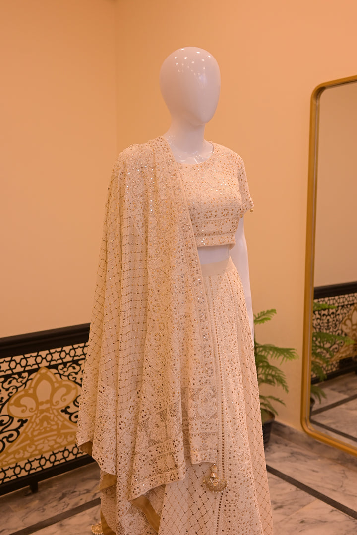 Stitched Mukesh Lehnga- White(dyeable)