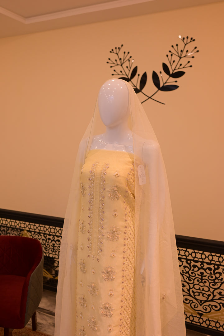 Unstitched Cotton Net Shirt+ Dupatta -lime (Gota, Tila, Thread & Beads work)