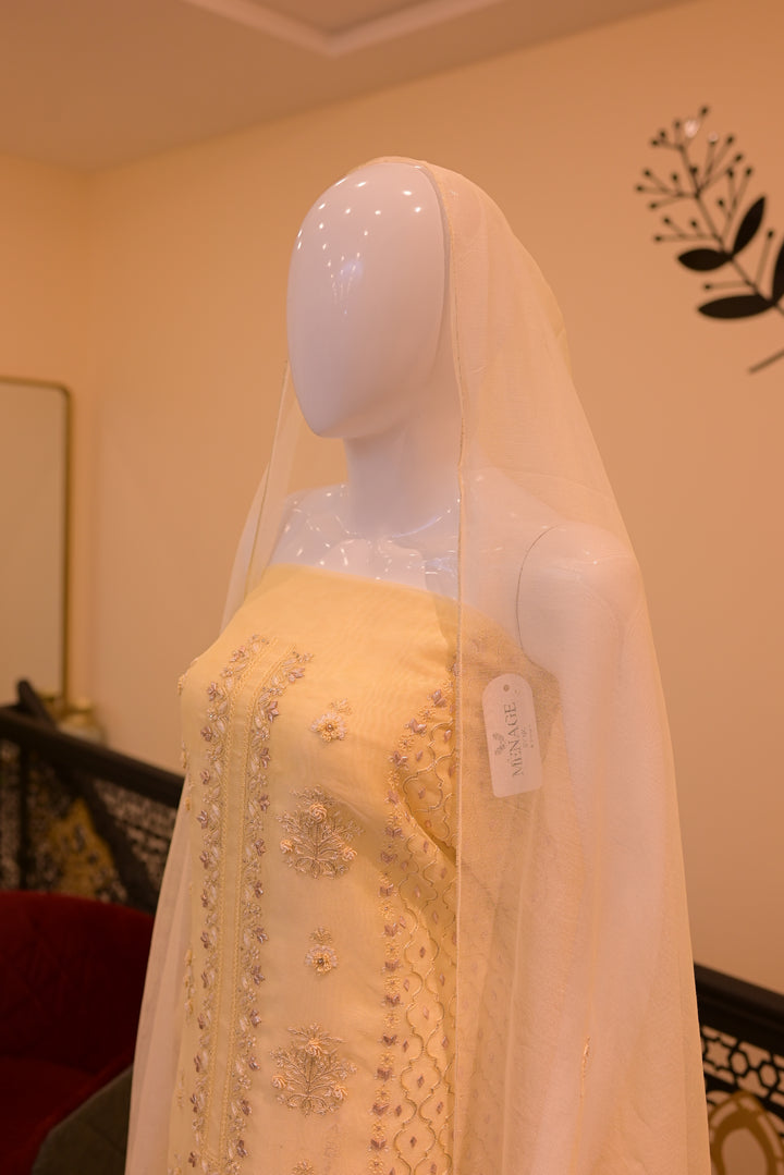 Unstitched Cotton Net Shirt+ Dupatta -lime (Gota, Tila, Thread & Beads work)