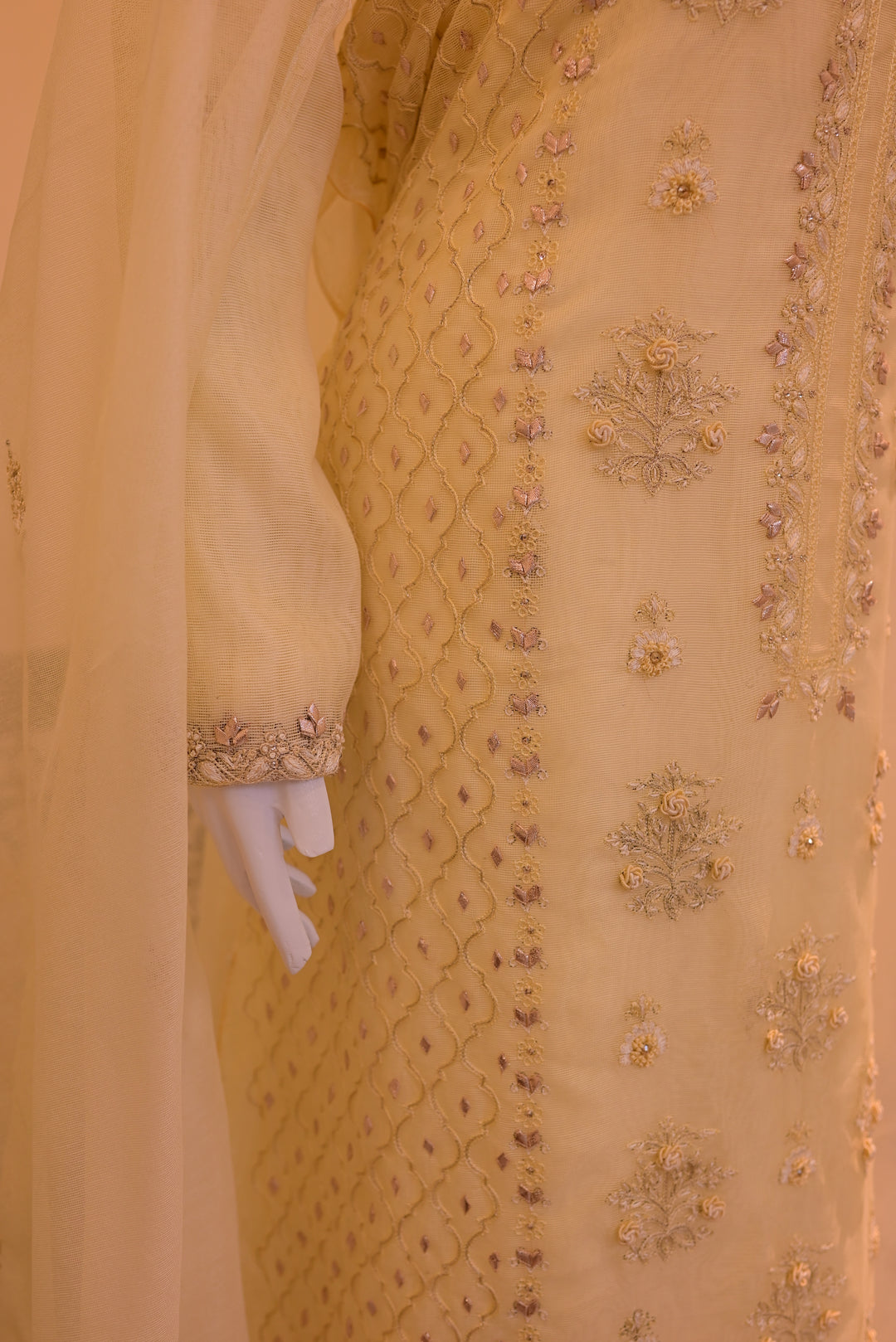 Unstitched Cotton Net Shirt+ Dupatta -lime (Gota, Tila, Thread & Beads work)