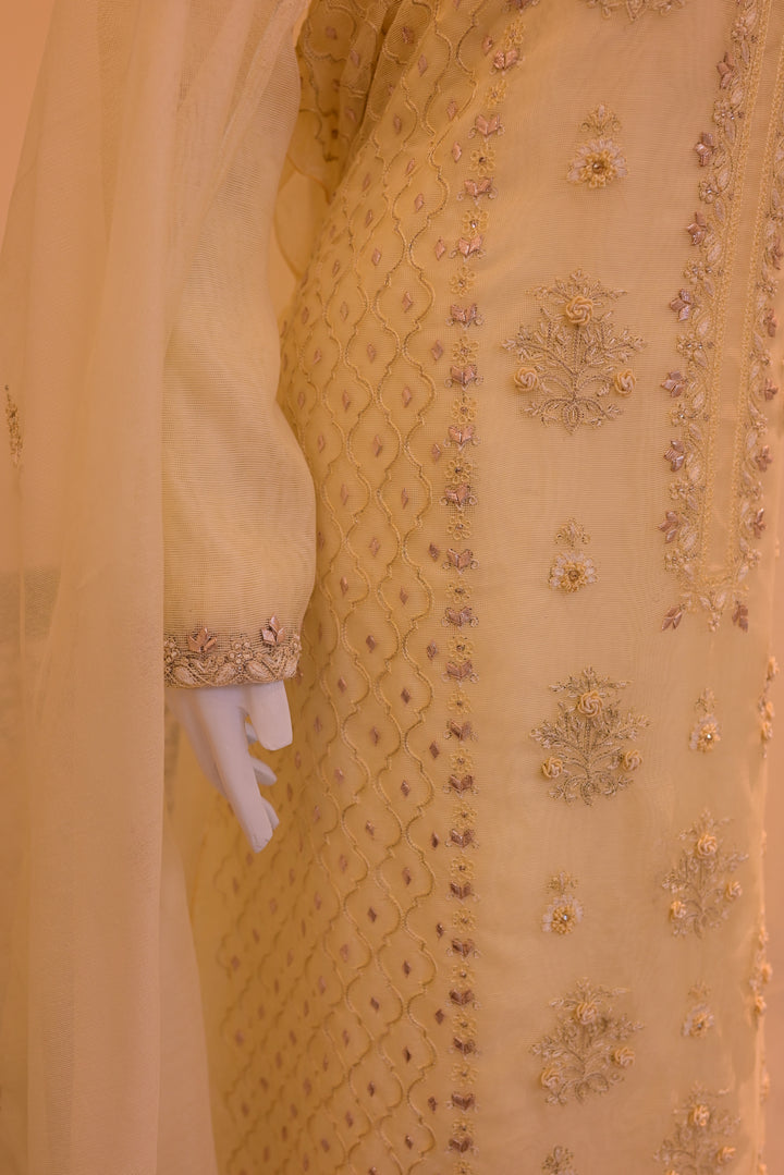 Unstitched Cotton Net Shirt+ Dupatta -lime (Gota, Tila, Thread & Beads work)