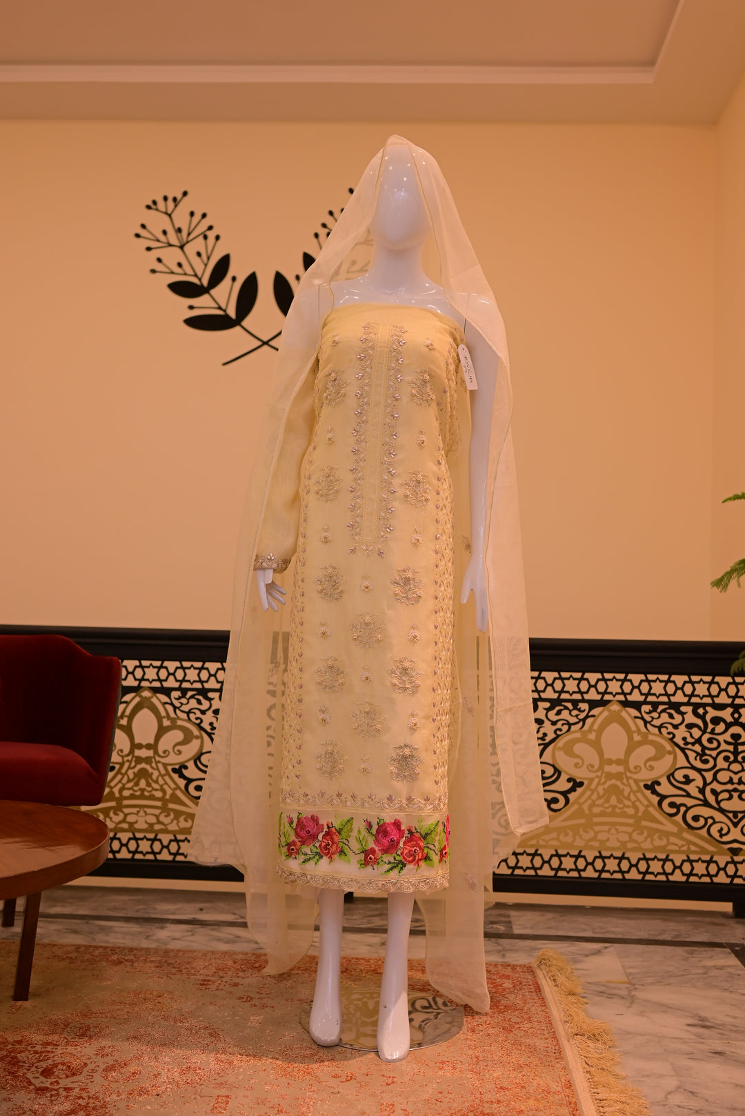 Unstitched Cotton Net Shirt+ Dupatta -lime (Gota, Tila, Thread & Beads work)
