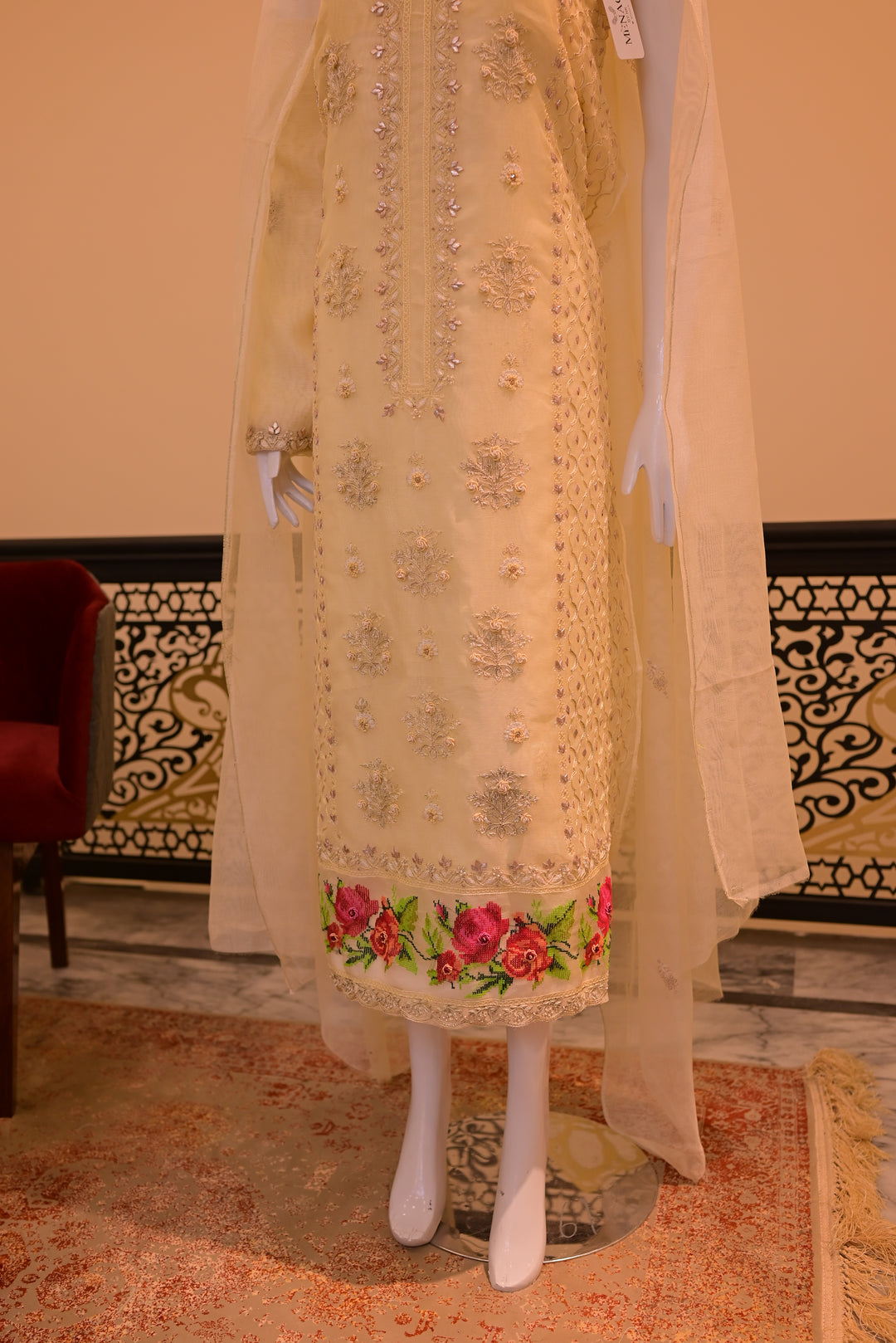 Unstitched Cotton Net Shirt+ Dupatta -lime (Gota, Tila, Thread & Beads work)