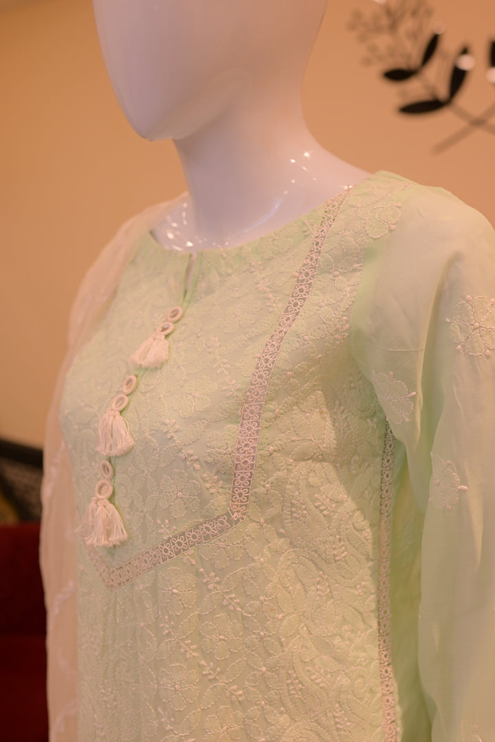 Stitched Chickenkari(Lawn) Kurta-mint green + Organza Dupatta-white