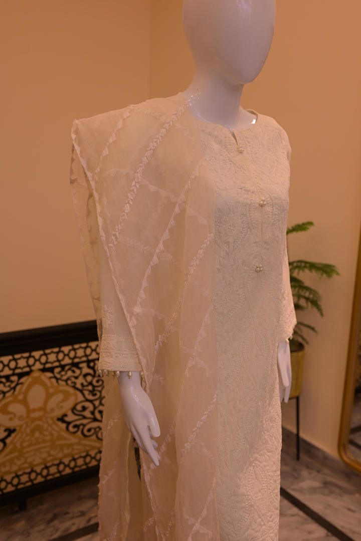 Stitched Chickenkari(Lawn) Kurta-white + Organza Dupatta-white