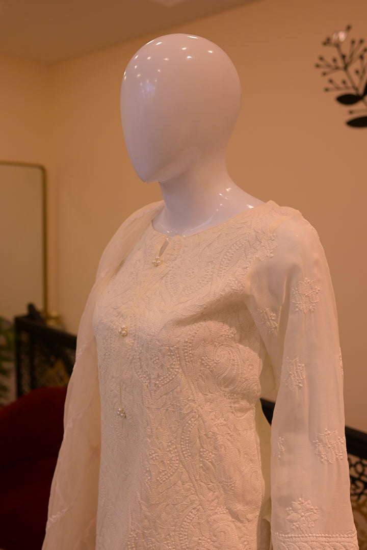 Stitched Chickenkari(Lawn) Kurta-white + Organza Dupatta-white