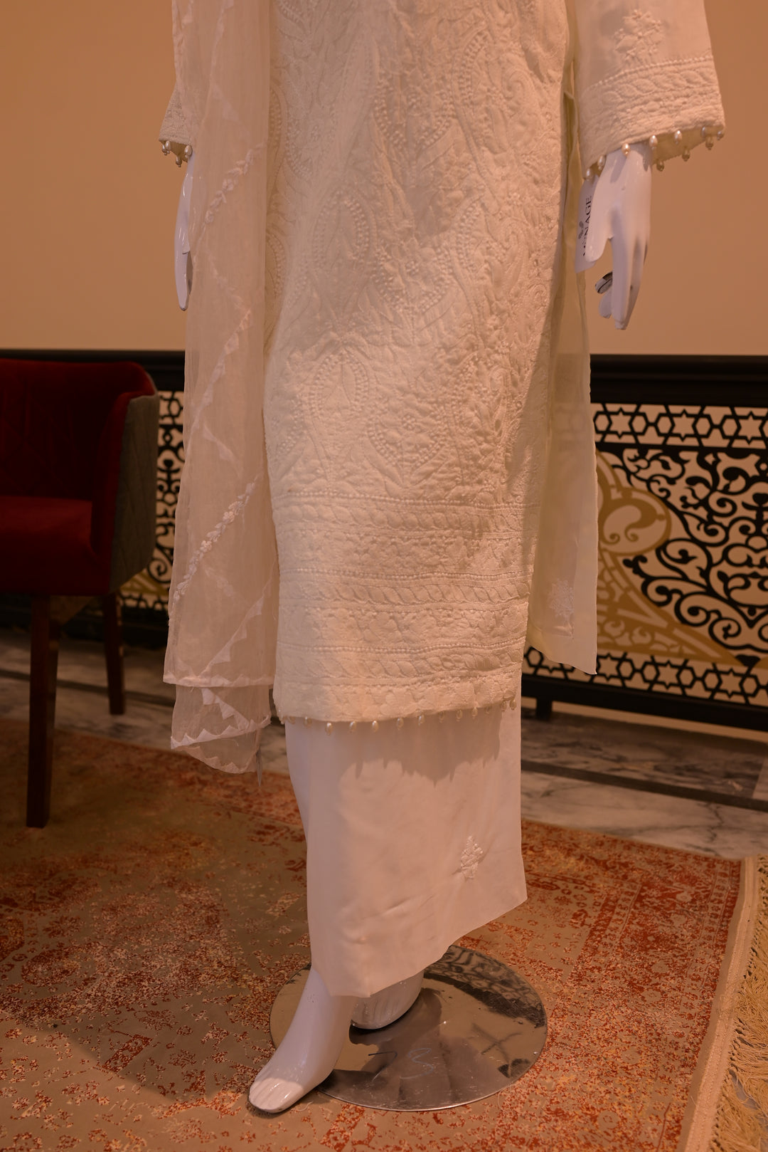 Stitched Chickenkari(Lawn) Kurta-white + Organza Dupatta-white