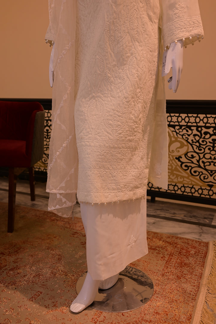 Stitched Chickenkari(Lawn) Kurta-white + Organza Dupatta-white
