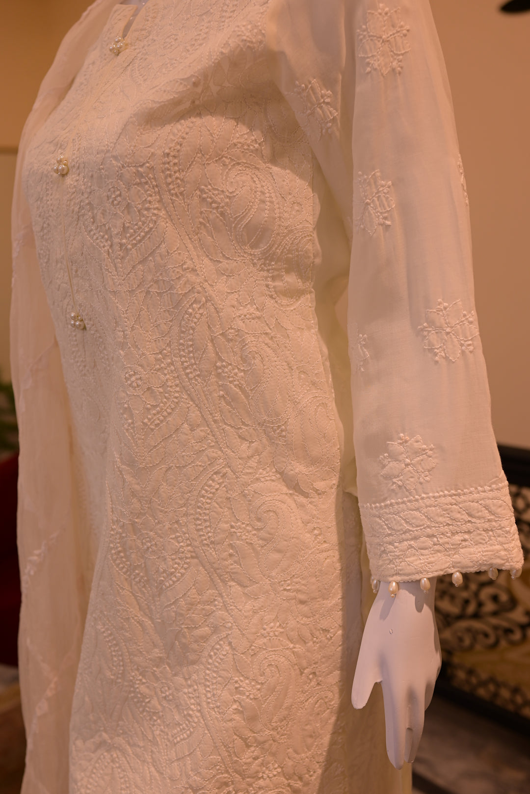 Stitched Chickenkari(Lawn) Kurta-white + Organza Dupatta-white
