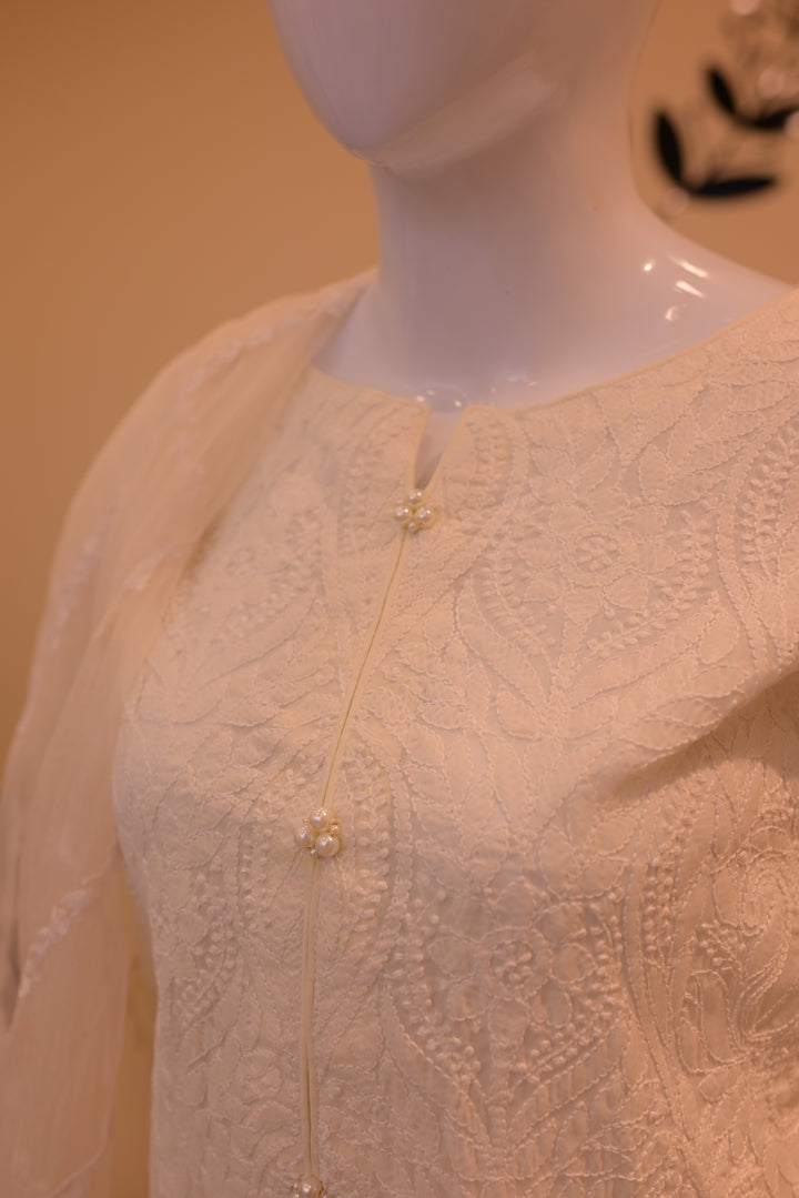 Stitched Chickenkari(Lawn) Kurta-white + Organza Dupatta-white