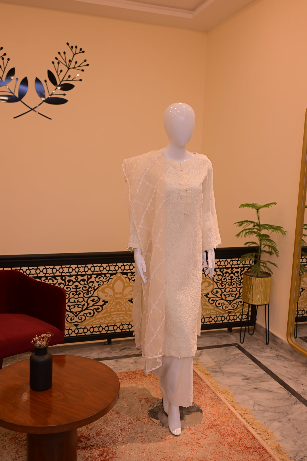 Stitched Chickenkari(Lawn) Kurta-white + Organza Dupatta-white